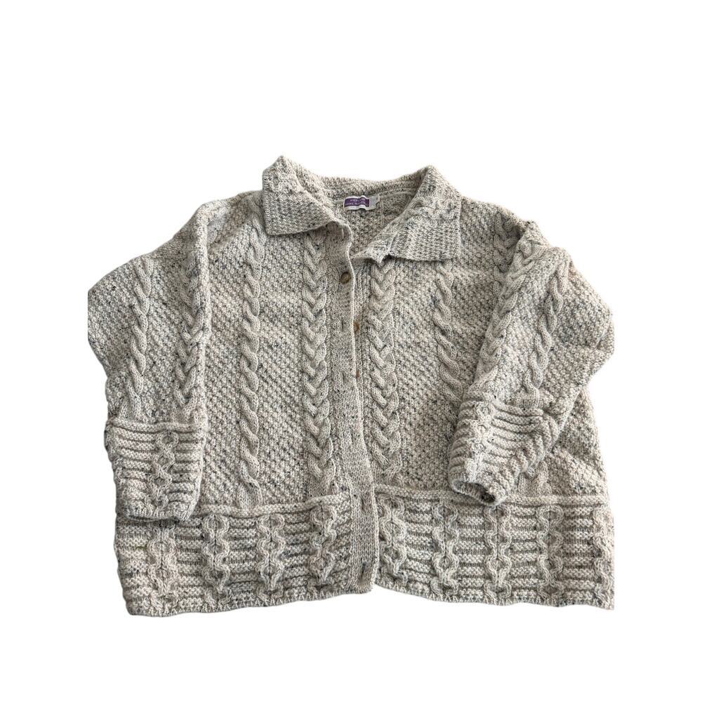 Highland Home Industries British Wool Cardigan Sweater Oatmeal Speckle Size XL